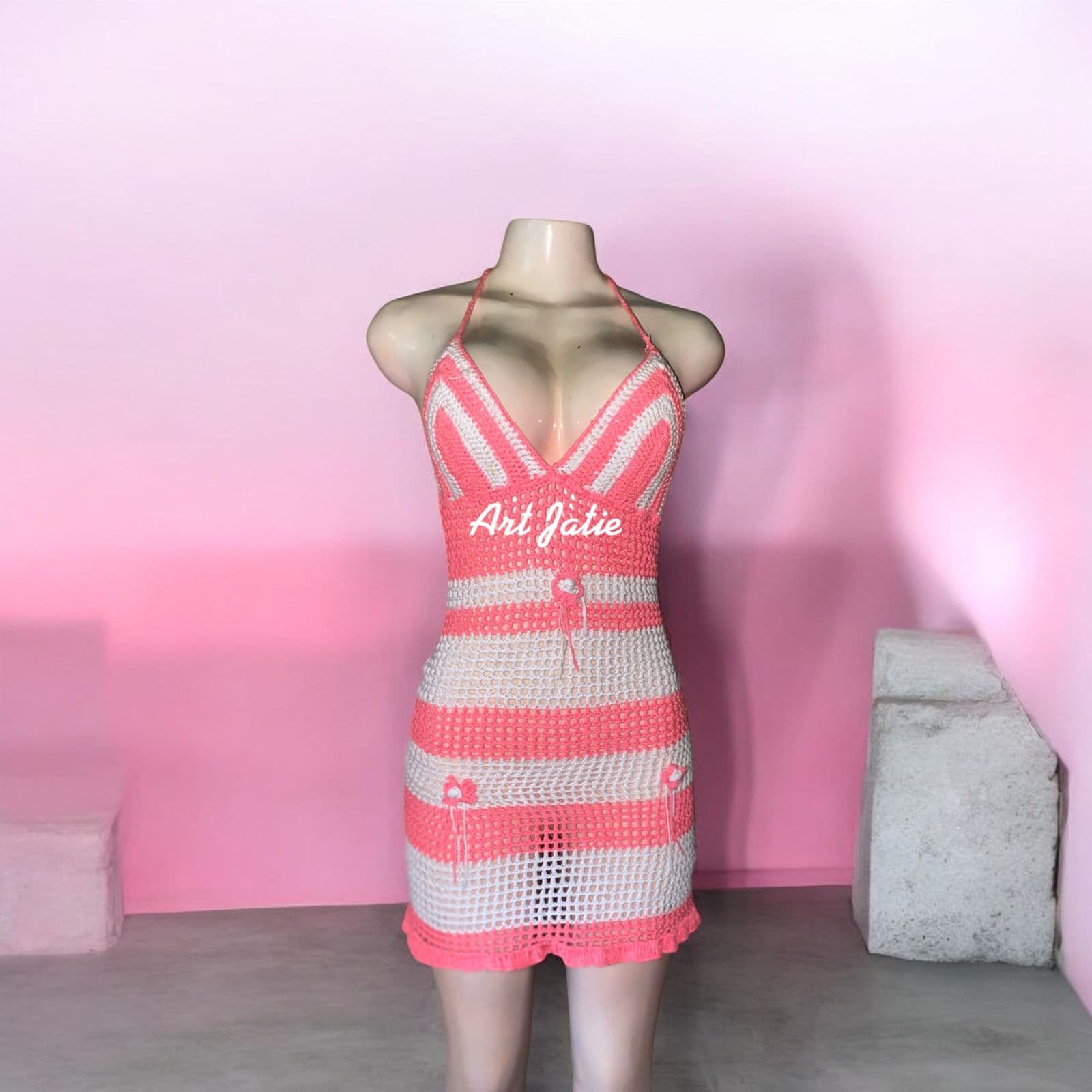 Robe Crochet Sirène Rayée Corail & Blanc – Robe Plage.